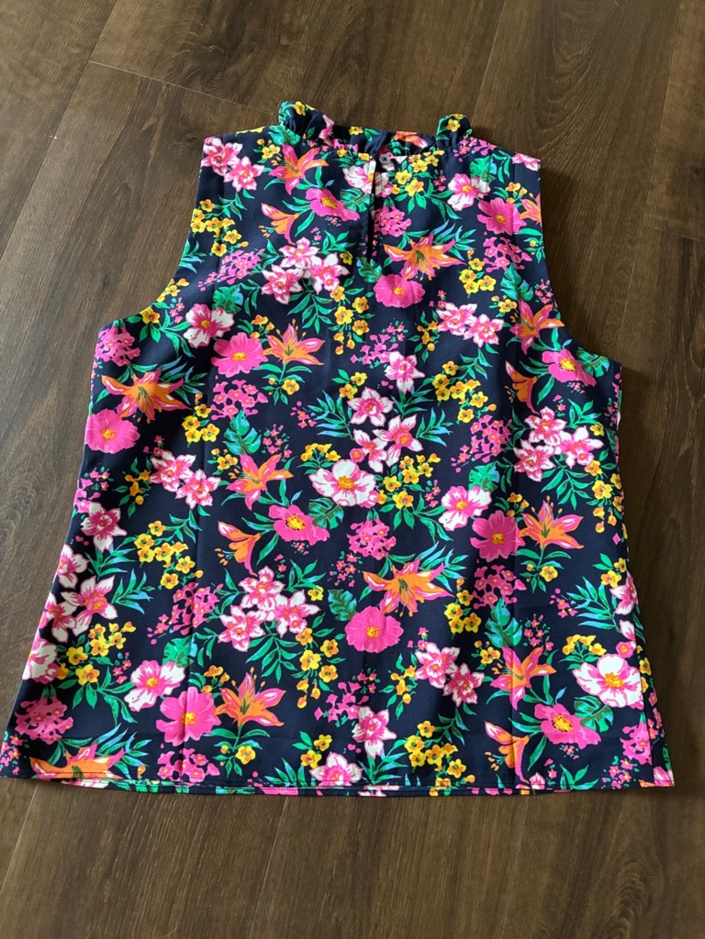 J. Crew Navy Floral Sleeveless Ruffle Neck Blouse - Picture 4 of 5